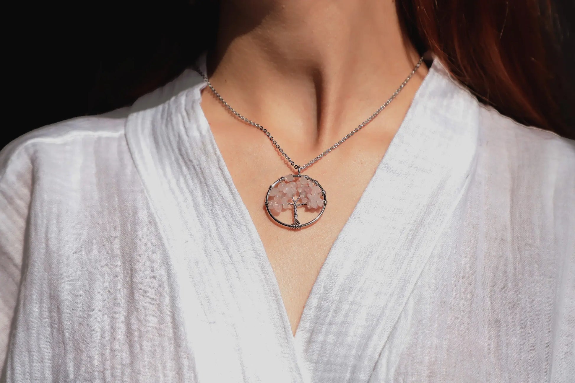 rose quartz tree necklace