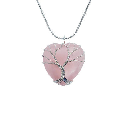 silver wrapped heart rose quartz pendant